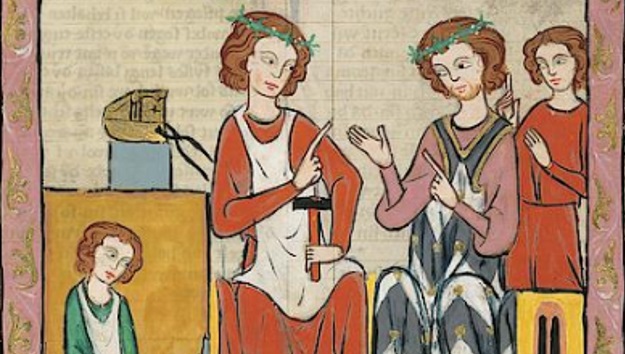 Frauenlob (rechts) und Regenbogen (links) - Universitätsbibliothek Heidelberg, Große Heidelberger Liederhandschrift (Codex Manesse). Regenbogen. cpg 848, fol. 381 - CC-BY-SA-3.0.