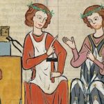 Frauenlob (rechts) und Regenbogen (Codex Manesse), cpg 848, fol. 381 - CC-BY-SA-3.0. Link: https://digi.ub.uni-heidelberg.de/diglit/cpg848/0757/image